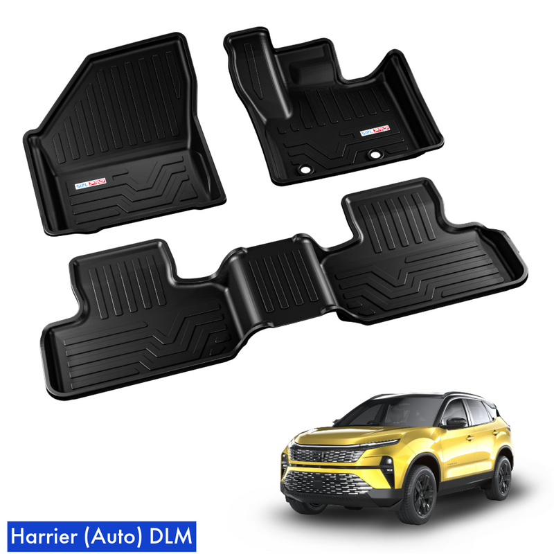 Set of black car floor mats for Tata 
Harrier Auto SUV on a white background